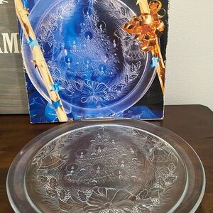 Vintage Holiday Clear Glass Christmas Plate with Candles, Bells and Bows Design